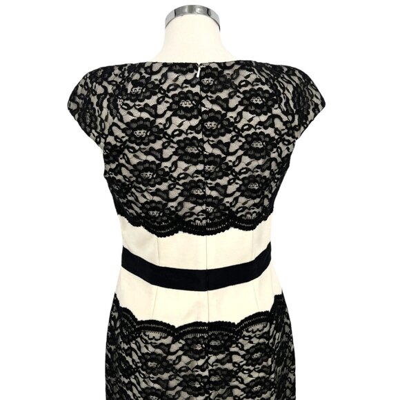 Jax Lace Sheath Dress With Cap Sleeves Floral Waist Detail Black Ivory Size 12 - Picture 8 of 12